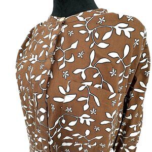 Lands End Tunic Top Shirt 2X Oversized Brown Floral Button Up Long Sleeve Cotton
